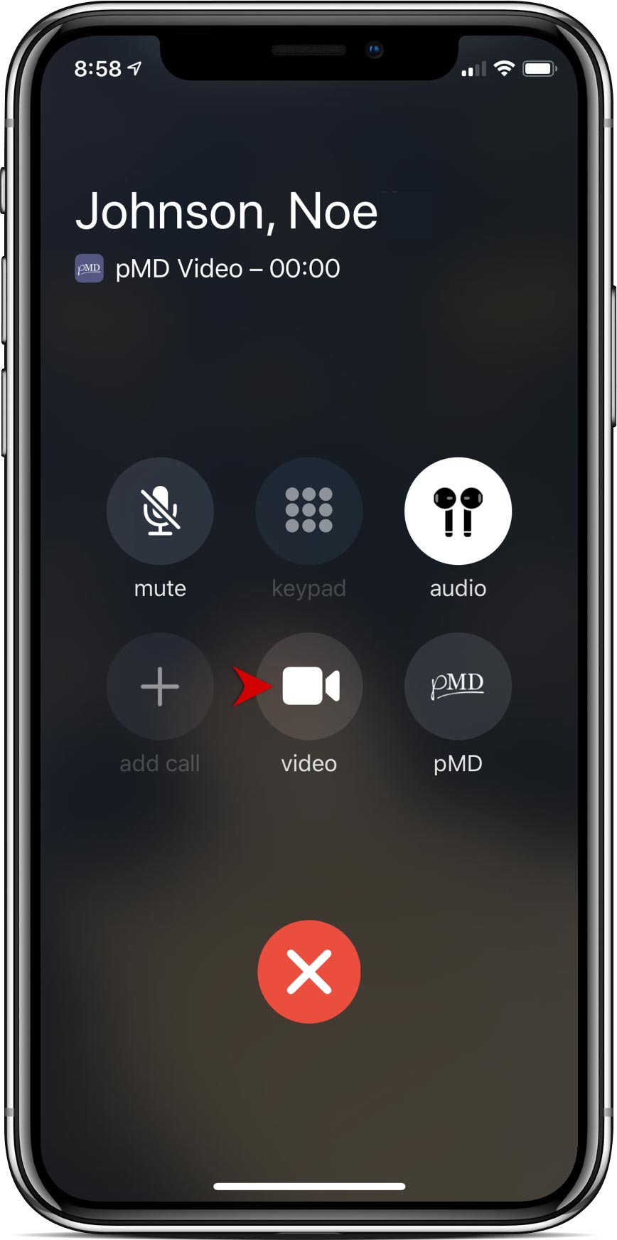 Image of phone screen while on a call, with video button highlighted